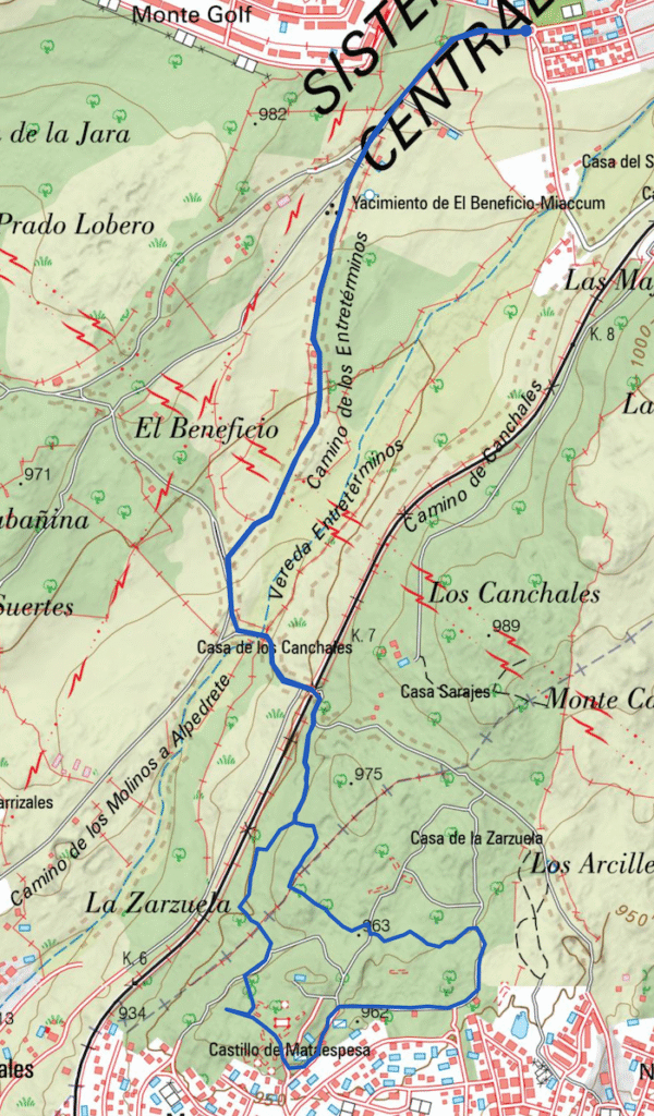 Mapa de la ruta de Marcha Nórdica de Miaccum al Castillo de Mataespesa en la Sierra de Guadarrama