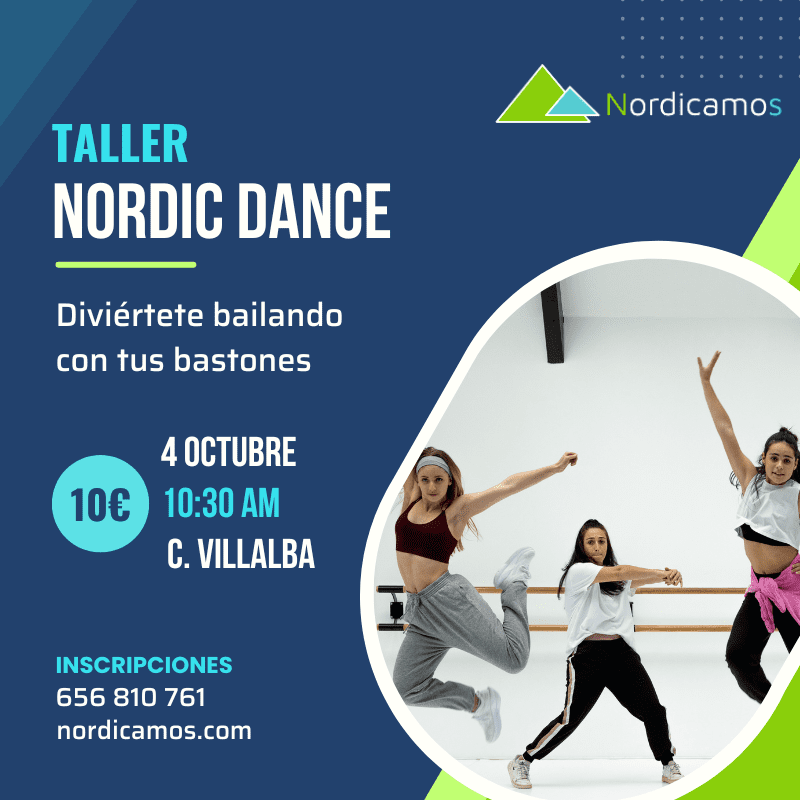 cartel del Taller de marcha nórdica en la sierra de Madrid con temática de baile.