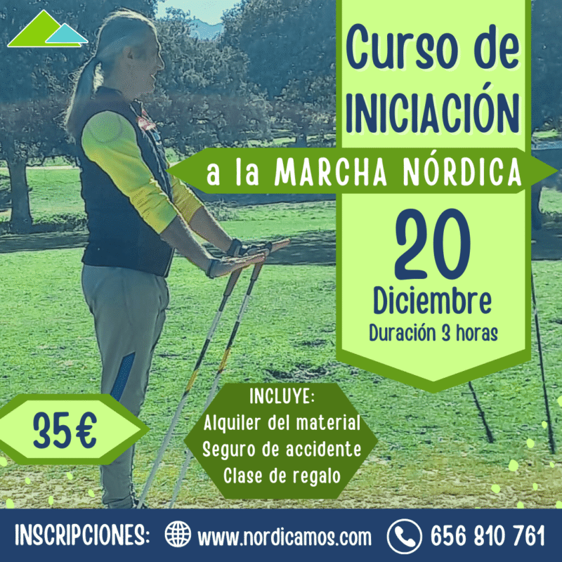 Cartel del Curso de iniciación a la marcha nórdica en Madrid en la sierra de Guadarrama en diciembre