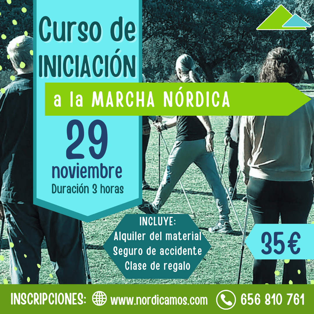 Cartel del Curso de iniciación a la marcha nórdica en Madrid en la sierra de Guadarrama en noviembre