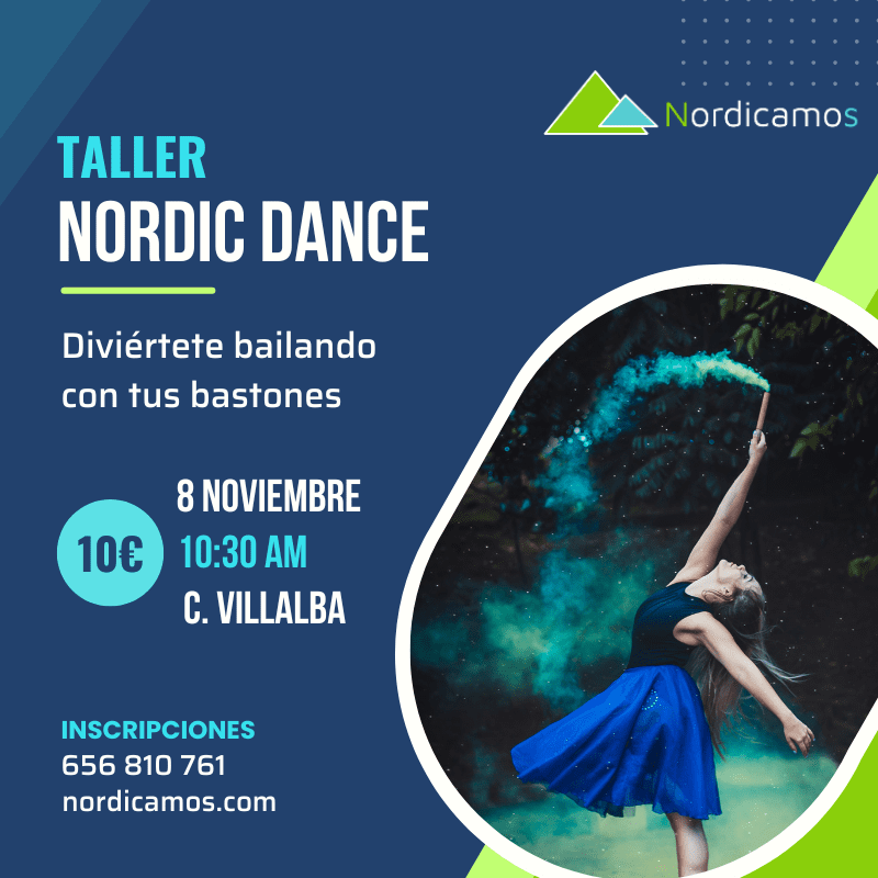 Cartel del Taller de marcha nórdica en la sierra de Madrid con temática de baile en noviembre.