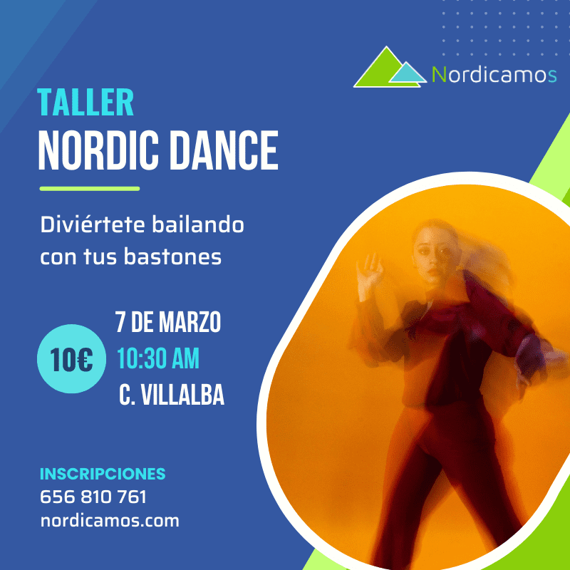 Cartel del taller de marcha nórdica y baile en madrid en marzo de 2026