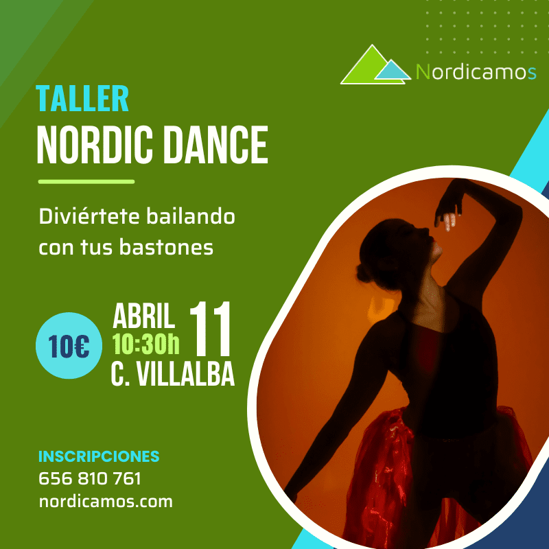Cartel del taller de marcha nórdica y Dance del mes de abril en la sierra de Madrid