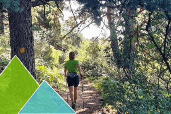 Mujer practicando marcha nórdica consciente entre árboles