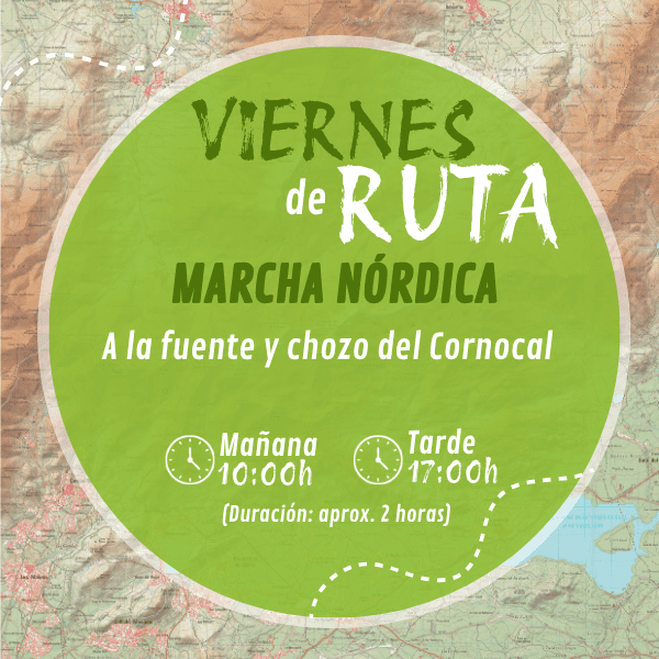Cartel informativo de la ruta de marcha nórdica a la fuente y el chozo del Cornocal en la Sierra de Guadarrama