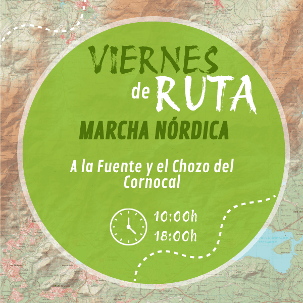 Cartel informativo de la ruta de marcha nórdica a la fuente y el chozo del Cornocal en la Sierra de Guadarrama