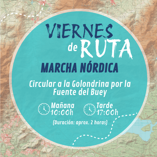 Cartel informativo de la ruta de marcha nórdica circular a la Golondrina por a la fuente del Buey en la Sierra de Guadarrama